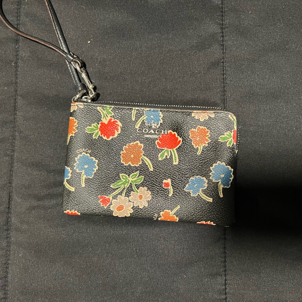 Coach Black Wristlet with Floral Embroidery